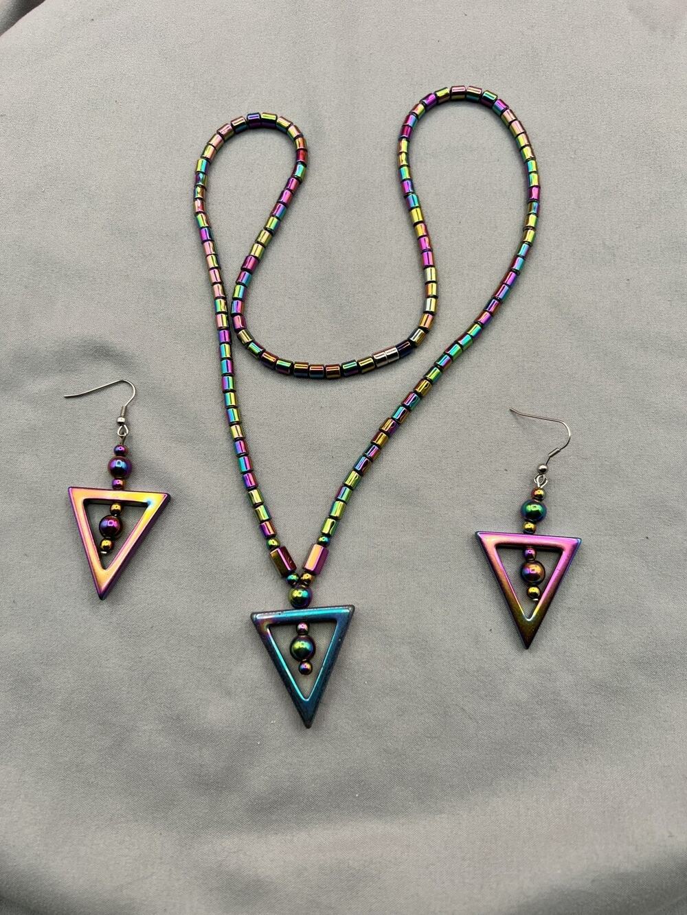 Rainbow Triangle Necklace And Matching Earrings Set Fashion Jewelry